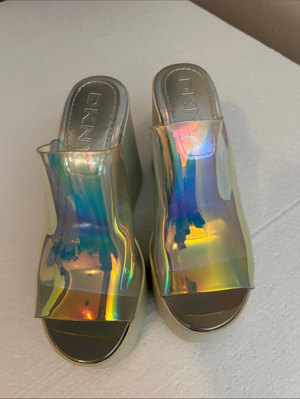 Dkny Iridescent Holographic Slide Wedges - Multi